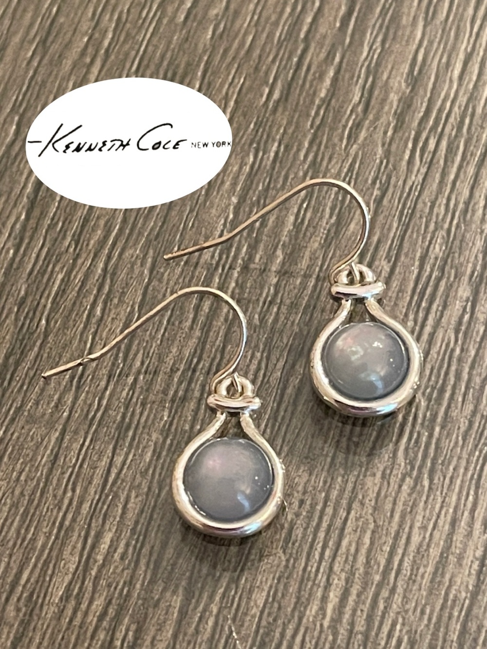 Kenneth Cole Silver-Tone Grey-Blue Cat’s Eye Drop Earrings